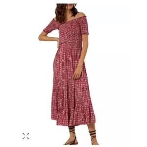 Poupette St. Barth Soledad Tiered Smocked Floral Red Maxi Dress SZ M Cottagecore